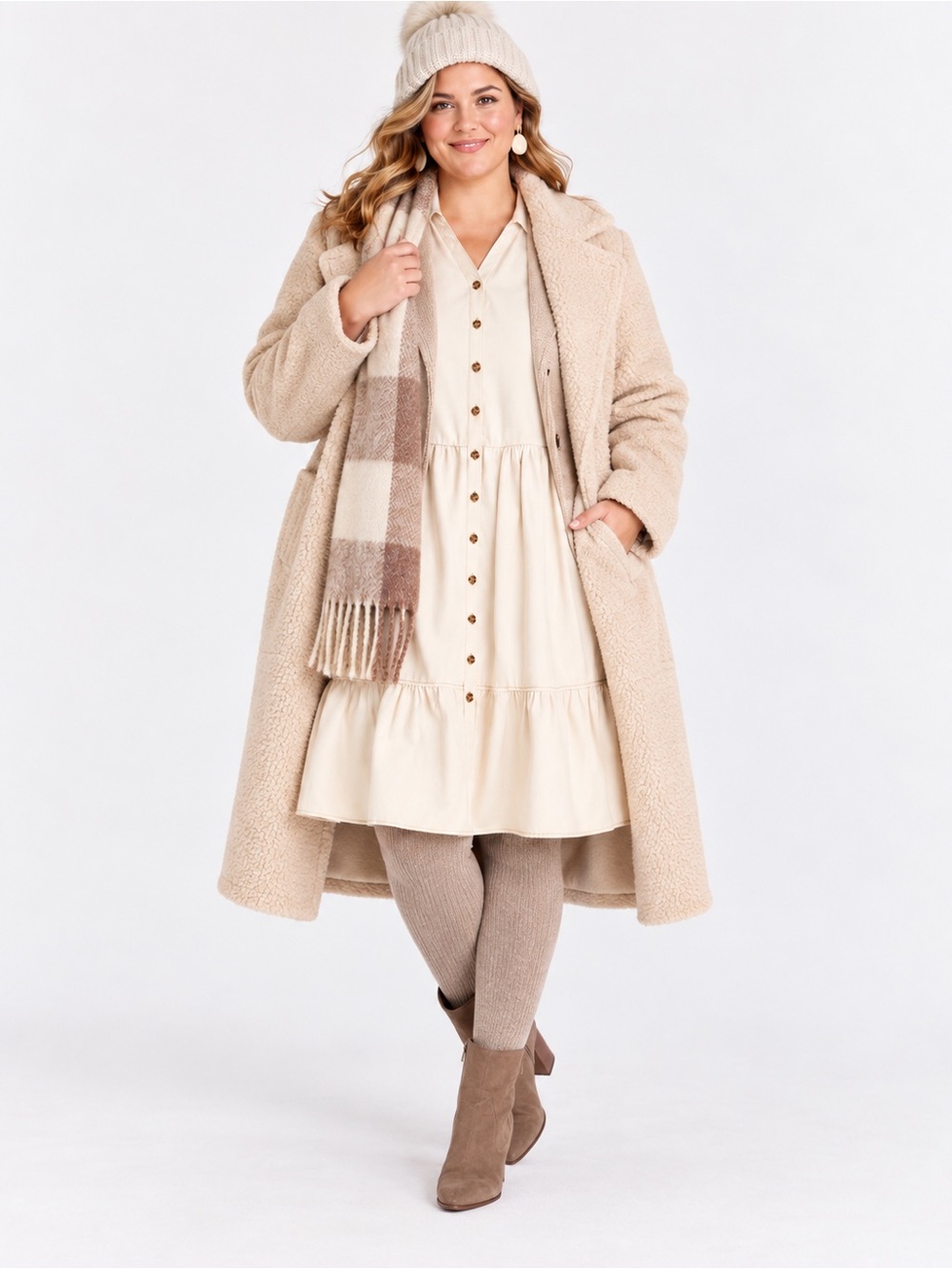 Ava & Viv Neutral Cream Button-Front Tiered Midi Dress 1X